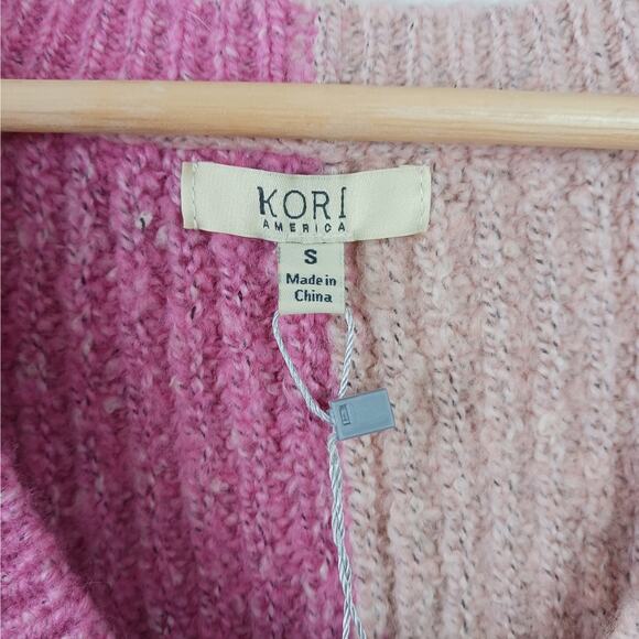 Kori SZ S Oversized Colorblock Striped V-Neck Sweater NWT Pink Gray Cream Tan - Picture 4 of 8
